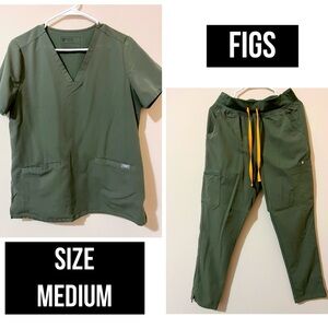 Figs Olive Scrub Set with Yellow Drawstring - Medium